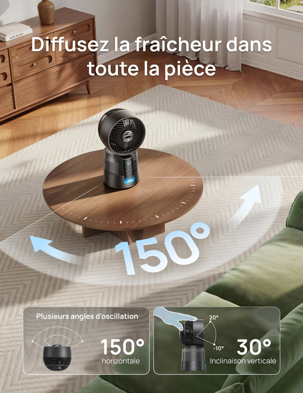 DREO TurboCool Ventilateur 516S, ventilateur de table oscillation 150° + 30°, rafraîchisseur d’air 7,9 m/s, brume ultrafine, silencieux 20 dB, 6 vitesses, 2 modes, contrôle app & télécommande.