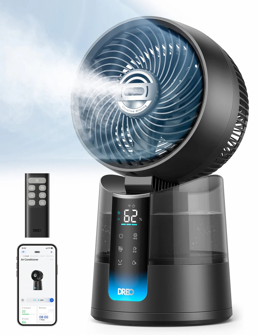 DREO TurboCool Ventilateur 516S, ventilateur de table oscillation 150° + 30°, rafraîchisseur d’air 7,9 m/s, brume ultrafine, silencieux 20 dB, 6 vitesses, 2 modes, contrôle app & télécommande.