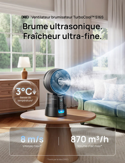 DREO TurboCool Ventilateur 516S, ventilateur de table oscillation 150° + 30°, rafraîchisseur d’air 7,9 m/s, brume ultrafine, silencieux 20 dB, 6 vitesses, 2 modes, contrôle app & télécommande.