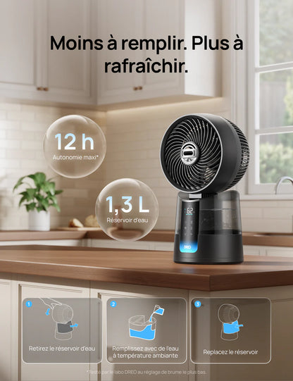 DREO TurboCool Ventilateur 516S, ventilateur de table oscillation 150° + 30°, rafraîchisseur d’air 7,9 m/s, brume ultrafine, silencieux 20 dB, 6 vitesses, 2 modes, contrôle app & télécommande.