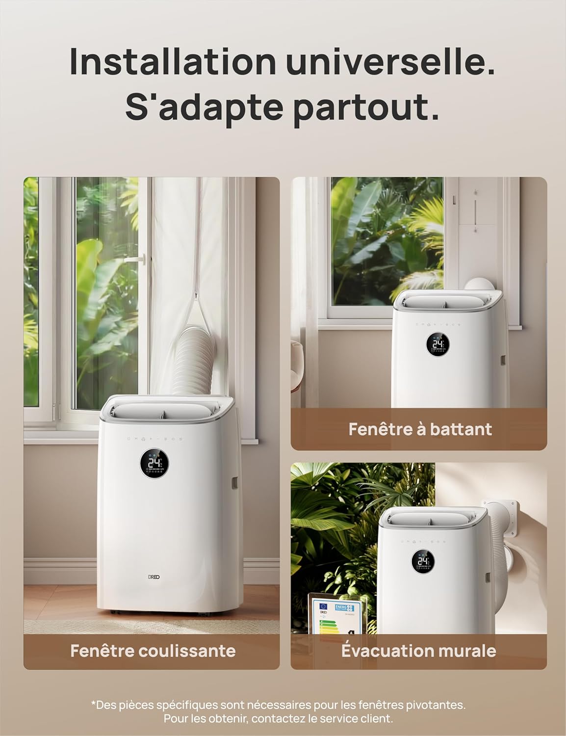 DREO climatiseur mobile 7500 BTU 3-en-1 refroidissement/ventilation/déshumidification, silencieux pour chambre ou bureau, contrôle par app et voix, sans drainage, kit fenêtre, 2,5 L/h, AC318S [Classe énergétique A]