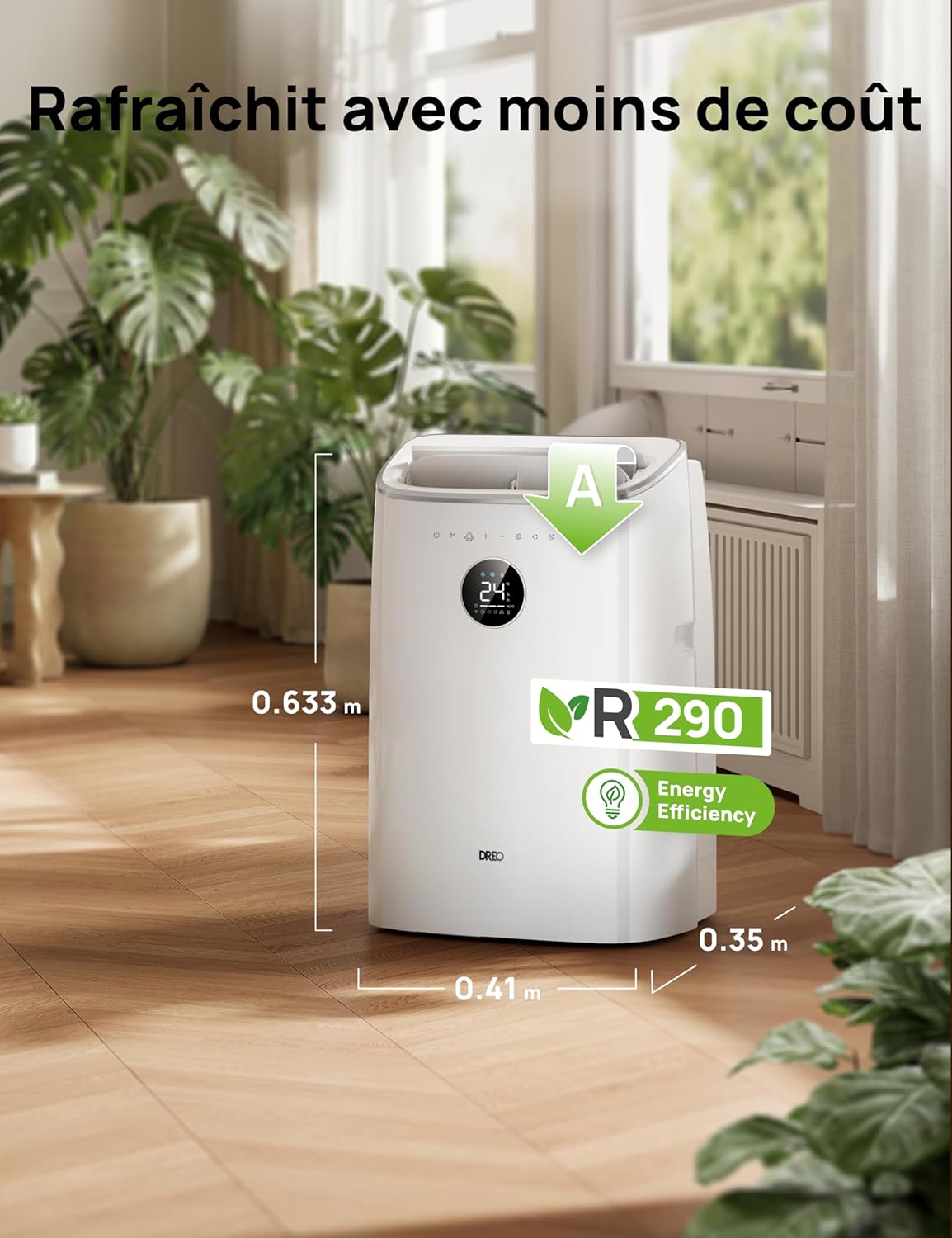 DREO climatiseur mobile 7500 BTU 3-en-1 refroidissement/ventilation/déshumidification, silencieux pour chambre ou bureau, contrôle par app et voix, sans drainage, kit fenêtre, 2,5 L/h, AC318S [Classe énergétique A]