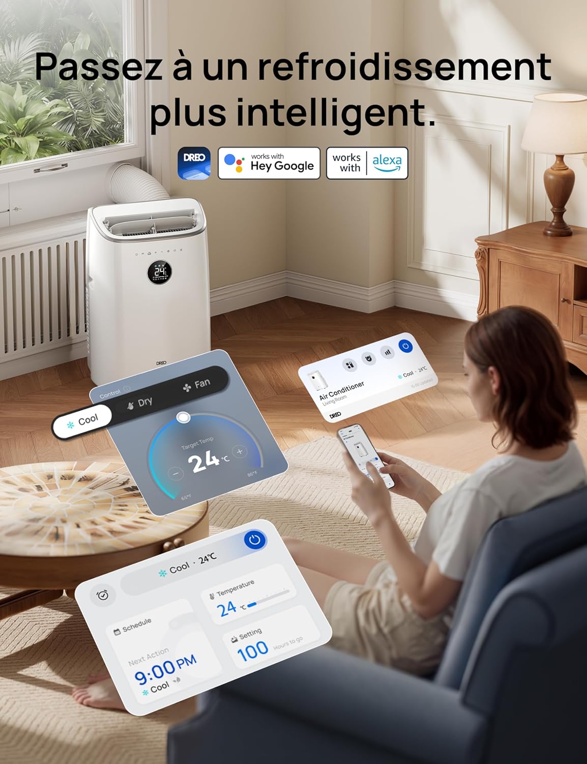 DREO climatiseur mobile 7500 BTU 3-en-1 refroidissement/ventilation/déshumidification, silencieux pour chambre ou bureau, contrôle par app et voix, sans drainage, kit fenêtre, 2,5 L/h, AC318S [Classe énergétique A]