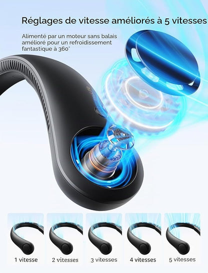 JISULIFE Ventilateur de Cou Portable, Ventilateur Mains Libres Sans Pale, 5 Vitesses, Ventilateur Personnel Portable Fonctionnant Avec Une Batterie de 4000 mAh, Ventilateur USB - Noir