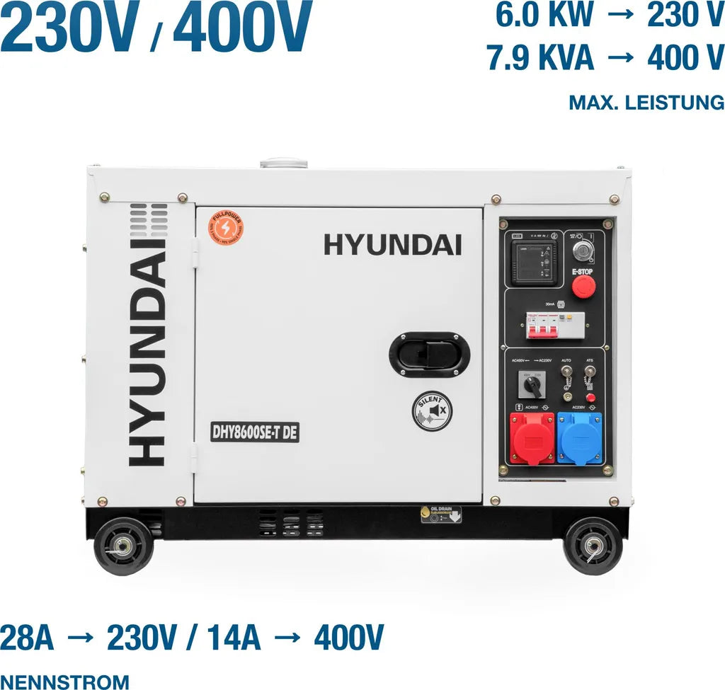 Hyundai DHY8000SE Silent Diesel Generator 8kW Electric Start Portable Power Generator